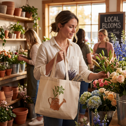 Large Eco Tote – Rustic Watering Can Plant Print Tote Bag