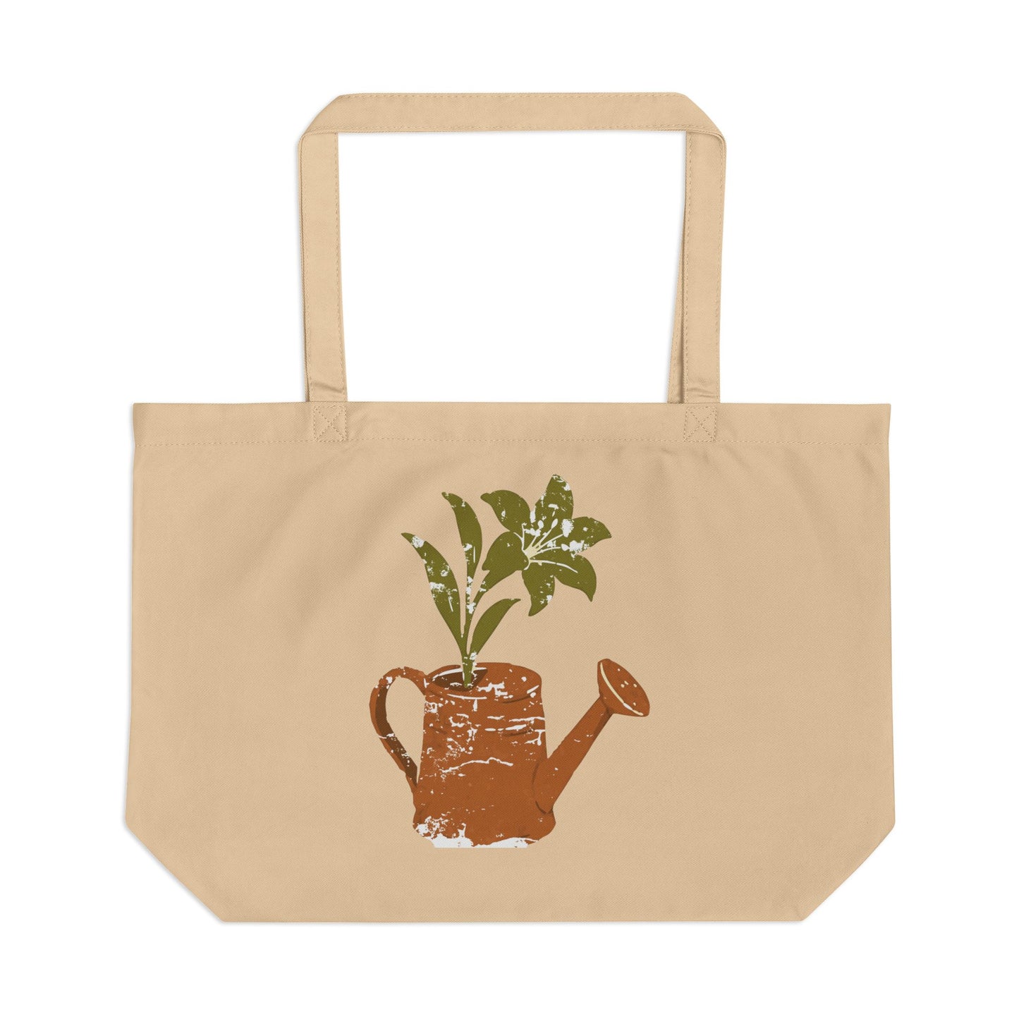 Large Eco Tote – Rustic Watering Can Plant Print Tote Bag