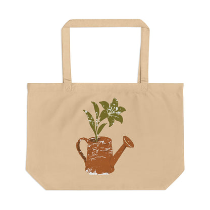 Large Eco Tote – Rustic Watering Can Plant Print Tote Bag